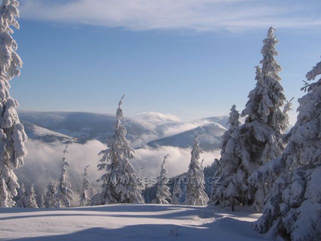 Výhlad z Krkonoše na Sněžku.