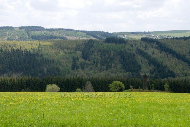 Krušné hory, pohled přes hranice do Čech, za lesem Háje