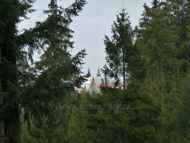 Horní Orlice - průhled z lesní silničky v sedle pod Jeřábkem na klášter na Hedeči