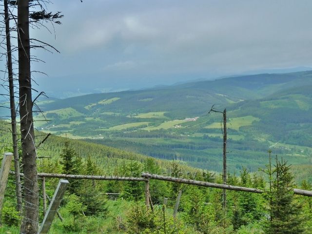 Ramzová - pohled ze stezky na Šerák po modré TZ na okrajovou část Rychlebských hor nad Ostružnou a Ramzovou