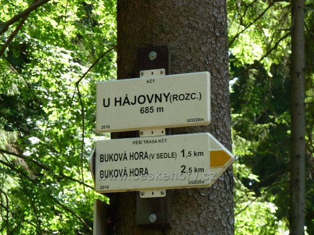 Buková hora - turistický rozcestník žluté a modré TZ  "U Hájovny"
