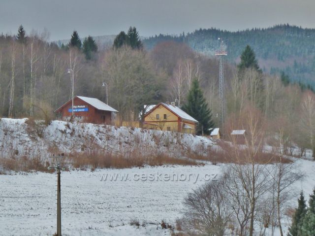 Zimní průjezd Slezským Semmeringem - pohled z vlaku na protilehlé nádraží v Horní Lipové