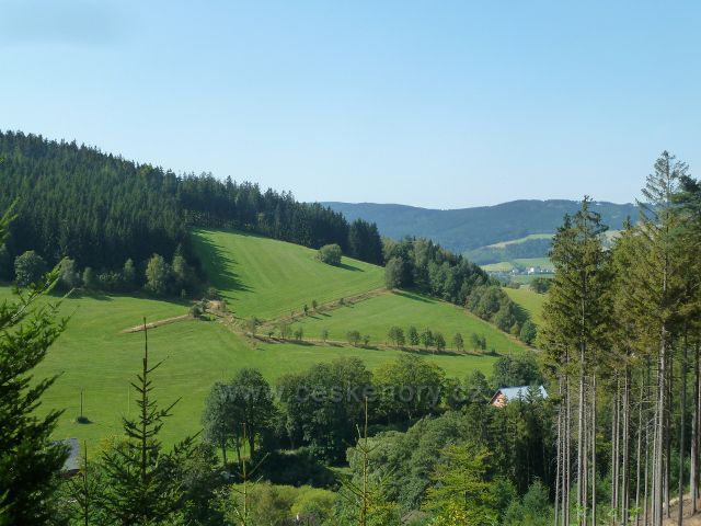 Horní Orlice - pohled z úbočí Lískovce na úpatí vrchu Kamenáč. V pozadí část hřebenu Bukové hory