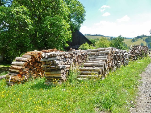Štědrákova Lhota - zásoby dřeva u chalup v horní části obce