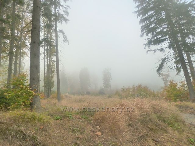 Lichkov - mlha se převaluje po úbočí vrchu Vysoký kámen