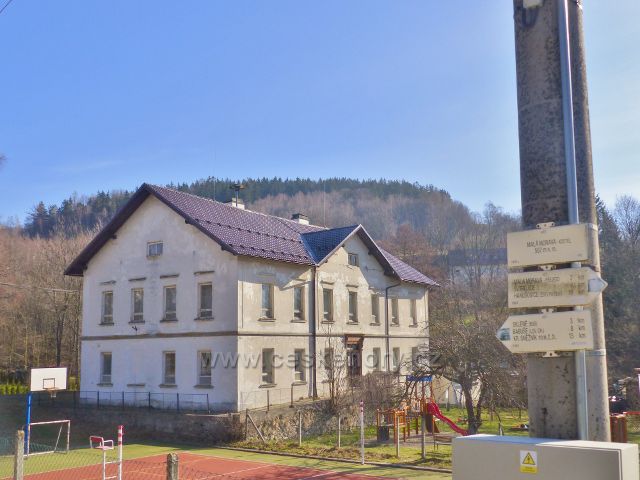 Turistický rozcestník Malá Morava(kostel), v ozadí budova místního muzea
