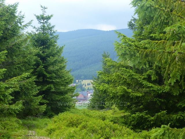 Malá Úpa - průhled z úbočí Lysečinské hory k penzionu  Bouda v Horní Malé Úpě