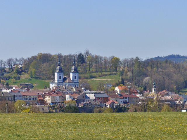 Žamberk - pohled od silničky U Kapličky na kostel sv. Václava.Za ním je vidět návrší Rozálka (470 m.n.m.)