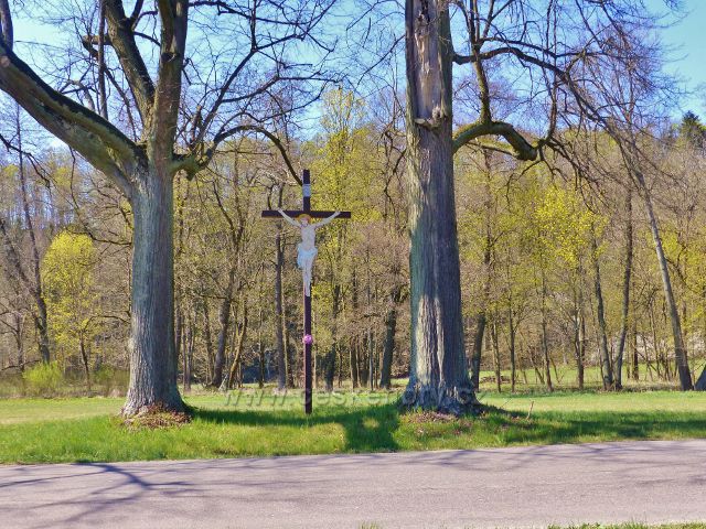 Žamberk - dřevěný kříž s Kristem na katastrální hranici mezi Žamberkem a Kunvaldem u silnice do Kunvaldu