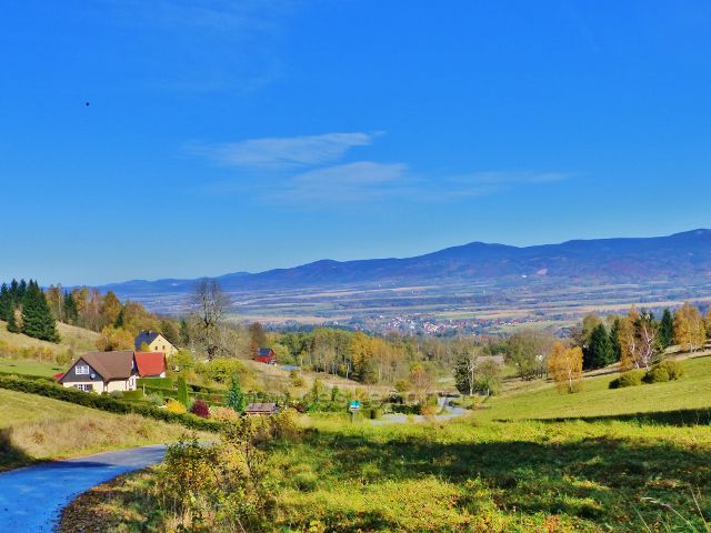 Petrovičky - Pohled z hraničního přechodu k Miedzylesie. V pozadí polská strana masivu Králického Sněžníku