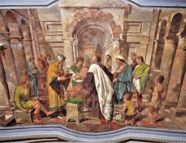 Nástěnná výmalba nad vnitřním vchodem poutní kaple Narození P. Marie